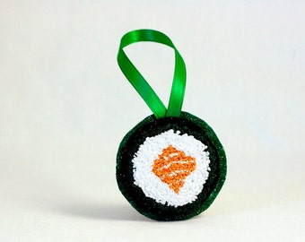 Sushi Salmon Roll Christmas Ornament. Punchneedle. Food Art. Orange, White Green. Gift for Foodie