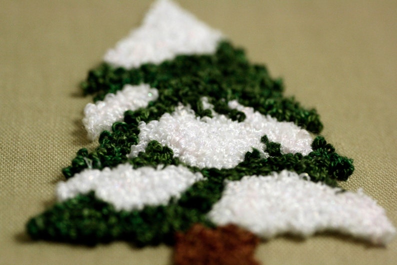 Snowy Pine Tree. Framed Christmas Wall Art. Holiday Home Decor. Punchneedle Embroidery. Green and White. Fiber Art image 3