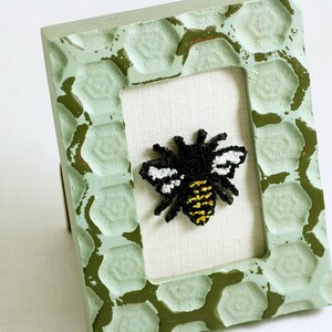 Honey Bee in a Mini Weathered Hexagon Frame. Punchneedle Embroidery Fiber Art. Bee Keeper Gift. Home Decor. Light Green, Black, Yellow. image 2