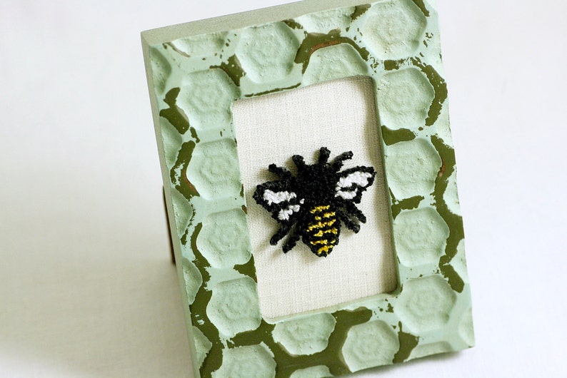 Honey Bee in a Mini Weathered Hexagon Frame. Punchneedle Embroidery Fiber Art. Bee Keeper Gift. Home Decor. Light Green, Black, Yellow. image 2