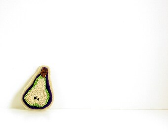 Pear Slice Pin. Punch Needle Embroidery. Green, Cream, Purple. Embroidery on Wool and Eco Friendly Felt. Foodie Gift.