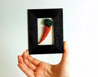 Carrot Kitchen Art in a Mini Frame. Punchneedle Embroidery Fiber Art. Home, Office, or Kitchen Decor. Orange, Green, Brown. Foodie