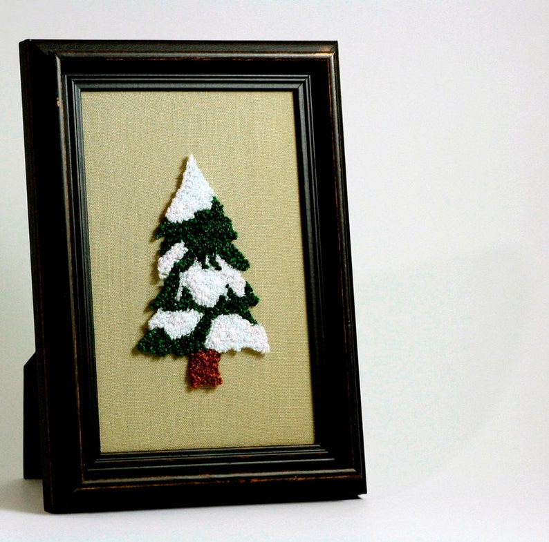 Snowy Pine Tree. Framed Christmas Wall Art. Holiday Home Decor. Punchneedle Embroidery. Green and White. Fiber Art image 1