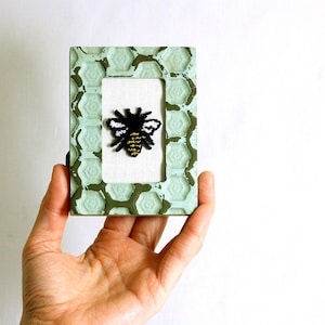 Honey Bee in a Mini Weathered Hexagon Frame. Punchneedle Embroidery Fiber Art. Bee Keeper Gift. Home Decor. Light Green, Black, Yellow. image 1