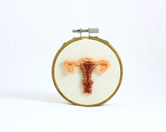 Anatomical Uterus sculpture a 3 inch hoop.  Feminist Christmas Ornament.  Punchneedle Embroidery. Feminist Stocking Stuffer.