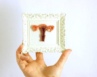 Anatomical Uterus sculpture Mini Frame. Feminist Fiber Art. Home or Office Decor. Punchneedle Embroidery. Feminist Stocking Stuffer.