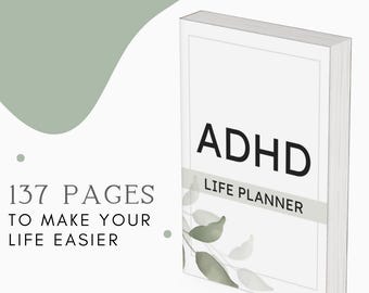 Może przedstawiać: Biała książka z tekstem "ADHD LIFE PLANNER" na okładce. Okładka zawiera również akwarelową ilustrację zielonych liści. Tekst "137 STRON, ABY UŁATWIĆ CI ŻYCIE" jest widoczny pod książką.