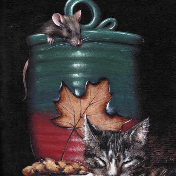 9 X 12 Original Acrylic Cat N Mouse w Cookie Jar