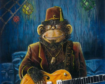 Dusty's Gig - Chimp Guitar Lowbrow Kustom Art Print Apes Monkey Tiki Bar