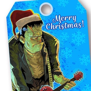 Digital Printable Frankenstein Monster Guitar Christmas Gift Tags Featuring The Art of Robert Jimenez
