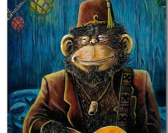 Ape Chimp Fez Lowbrow Kustom Tiki Art Bass Rockabilly Guitar Print Man Cave