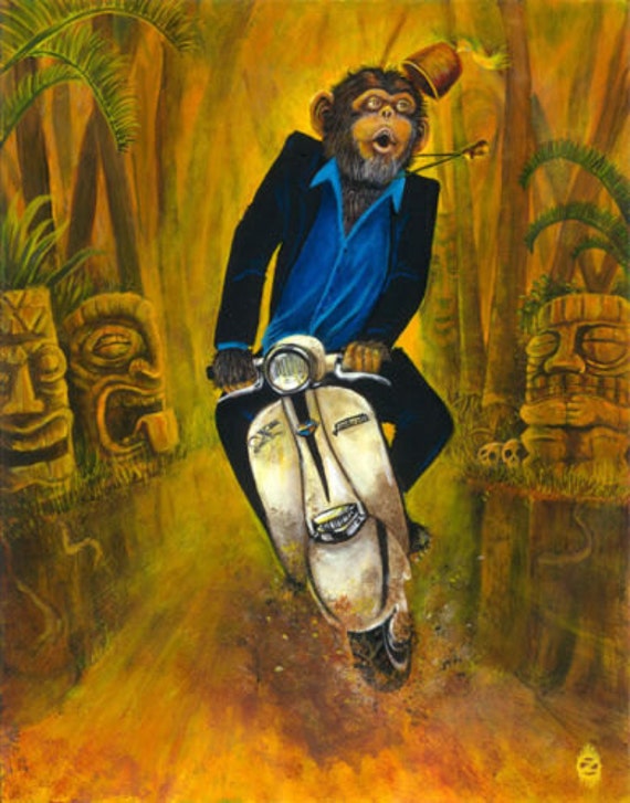 Drunk Chimp At Tiki Bar Ape Monkey Fez Lowbrow Pop Art Home Decor Print