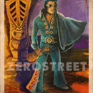 Elvis Tiki Lono Lowbrow Pop Art Print Retro Mid Century Music Tiki Bar Hawaii