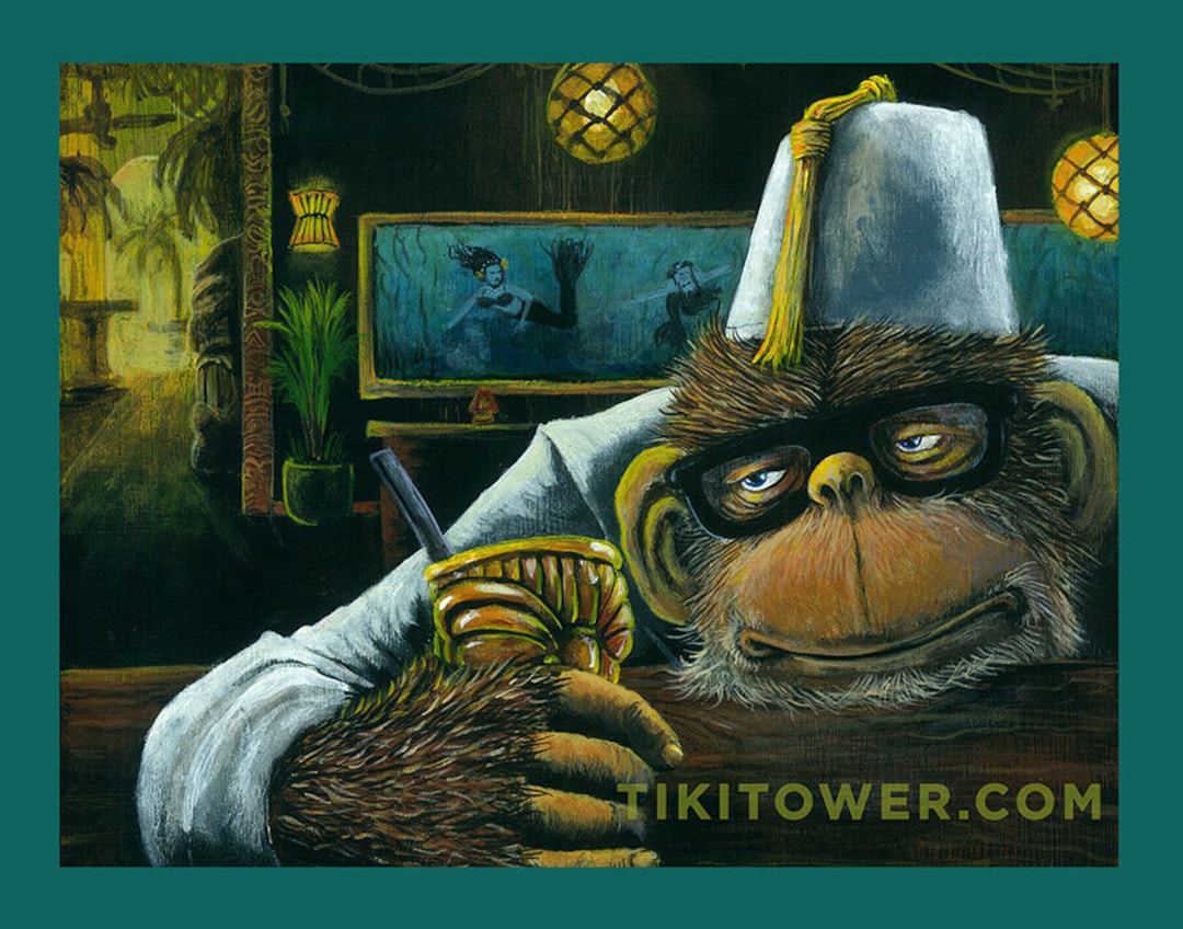 Ape Runk Drunk Chimp at Tiki Bar Ape Monkey Fez Lowbrow Pop Art Home Decor Print ...