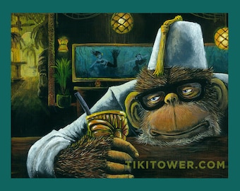 Drunk Chimp At Tiki Bar Ape Monkey Fez Lowbrow Pop Art Home Decor Print