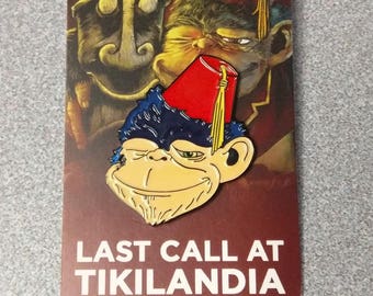 Last Call At Tikilandia Drunk Ape Soft Enamel Pin Tiki Bar Flair Chimp Fez Art