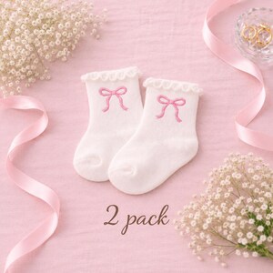 Personalized Baby Socks Set of 2 Pairs White Socks with Pink Bow Cotton Custom Embroidered Newborn Girl Baby Shower Gift New Mom Gift Idea