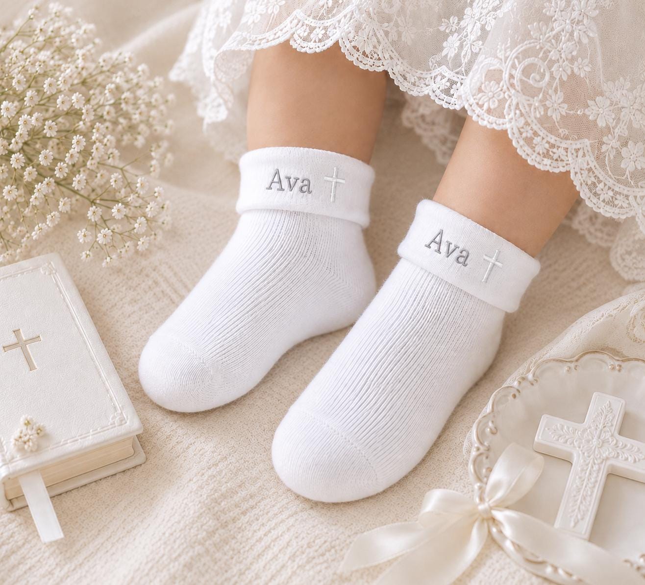 Personalized Baptism Baby Socks White Cotton Socks Custom Embroidered Christening Socks Baby Girl Baby Shower Gift New Mom Gift Idea