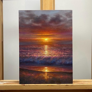 Original Sunset Oil Painting on Canvas, Seascape Art 24x33 cm (9.4x12.9 inches)