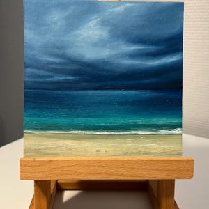 Pintura a óleo original pequena de mar e nuvens 6x6 polegadas (15 x 15 cm)