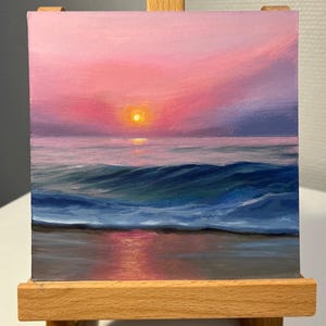 Pintura acrílica original de atardecer y mar sobre cartón Mini pintura 6x6 pulgadas (15 x 15 cm)