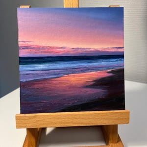 Original pequeña pintura al óleo de atardecer y mar sobre cartón Mini pintura 6x6 pulgadas (15 x 15 cm)
