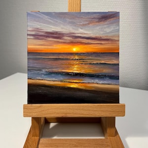Original pequeña pintura al óleo de atardecer y mar sobre cartón Mini pintura 6x6 pulgadas (15 x 15 cm)