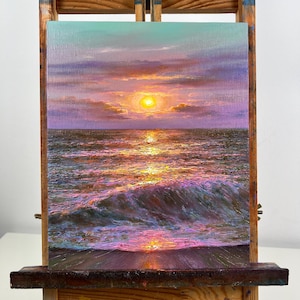 Original Oil Painting: Sunset Ocean Waves on Canvas (27x22 cm)