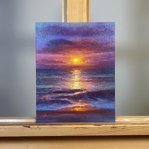 Original Sunset Seascape Oil Painting, Hand-Painted Art (9.4x7.4 in)