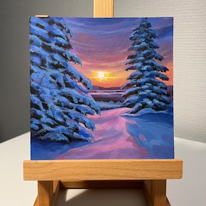 Pintura acrílica original pequeña de nieve invernal y puesta de sol. Arte original sobre cartón. 15 x 15 cm (6 x 6 pulgadas)