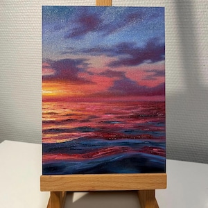Original Oil Painting, Sunset Seascape, Waterscape Art (6.2x8.6 inches)