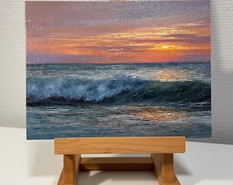 Original Seascape Oil Painting: Sunset Ocean Art, 7x9.4 in