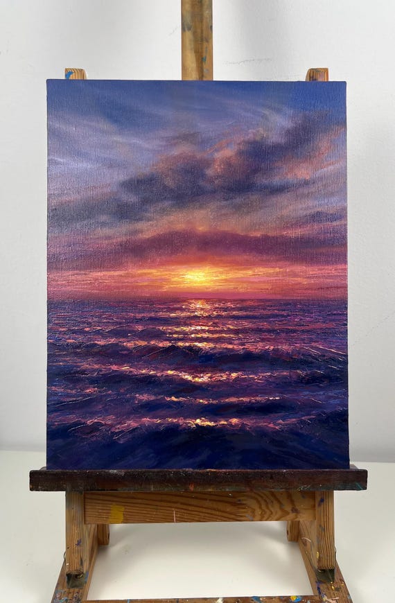 Original Oil Painting Seascape Sunset, Stretched Canvas Art (34x27 cm)