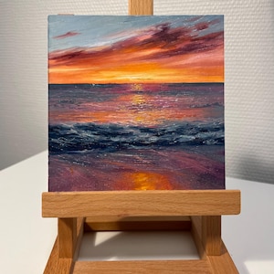 Original pequeña pintura al óleo de atardecer y mar sobre cartón Mini pintura 6x6 pulgadas (15 x 15 cm)