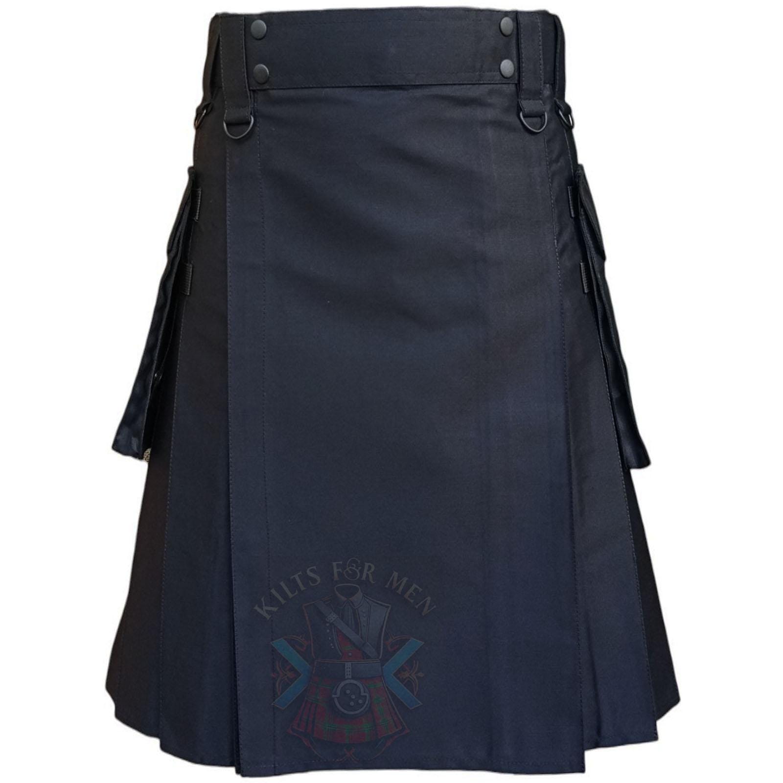 Black Cotton Utility Kilt: Detachable Cargo Pockets, Custom Fit - Etsy
