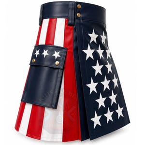 May include: A kilt featuring a red, white, and blue color scheme with vertical stripes on one side and a navy blue panel with white stars on the other. It includes a navy blue cargo pocket with three white stars and gold-toned metal buttons.