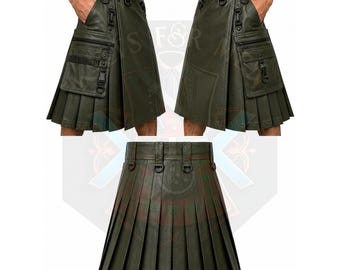 Solid Dark Olive Green Leather Kilt For Men – Cow Leather Utility Casual Festival Wear