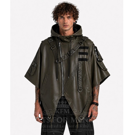 Olive Green Leather Techwear Poncho Hoodie – Men's Gothic