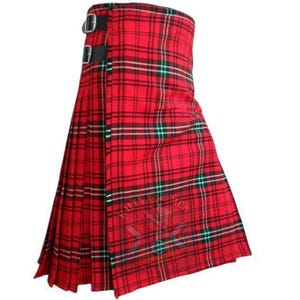 May include: A red, green, and white plaid kilt with black leather straps. The kilt is pleated and has a traditional Scottish design.