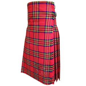 Falda de tartán Royal Stewart para mujer: falda tradicional escocesa plisada de tres hebillas, tela acrílica clásica a cuadros rojos.