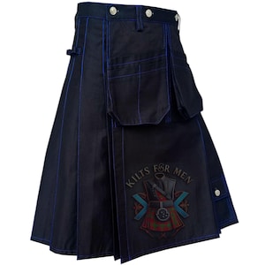 Black Cotton Utility Work Kilt: Modern Scottish Design with Blue Stitching