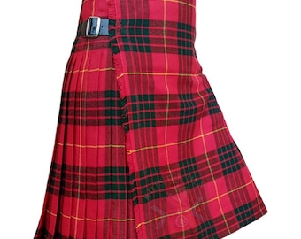 May include: A red, black, and yellow plaid kilt with a black leather belt and buckles.