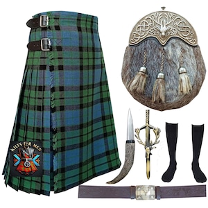 May include: A traditional Scottish kilt set. The set includes a green, blue, and black plaid kilt with leather straps, a sporran, a dirk, a decorative sword, a belt, and black socks. The kilt has the text "Kilts for Men".