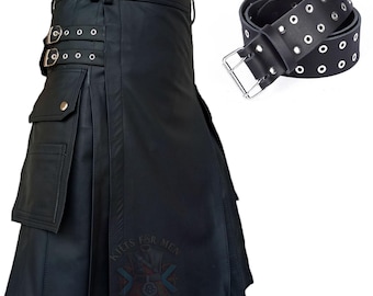May include: A black kilt featuring side cargo pockets, silver-toned metal buckles, and snap closures at the waistband. A matching black belt with two rows of silver-toned metal grommets and a double-prong buckle is included with the garment.