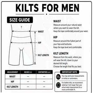 K&ouml;nnte beinhalten: Eine schwarz-wei&szlig;e Gr&ouml;&szlig;entabelle f&uuml;r Kilts mit einer Skizze eines Oberk&ouml;rpers, bei der gestrichelte Linien die Ma&szlig;e f&uuml;r Taille, H&uuml;fte und Kiltl&auml;nge markieren. Sie enth&auml;lt Anweisungen zum Messen, eine leere Tabelle f&uuml;r Zentimeter und einen wichtigen Hinweis.
