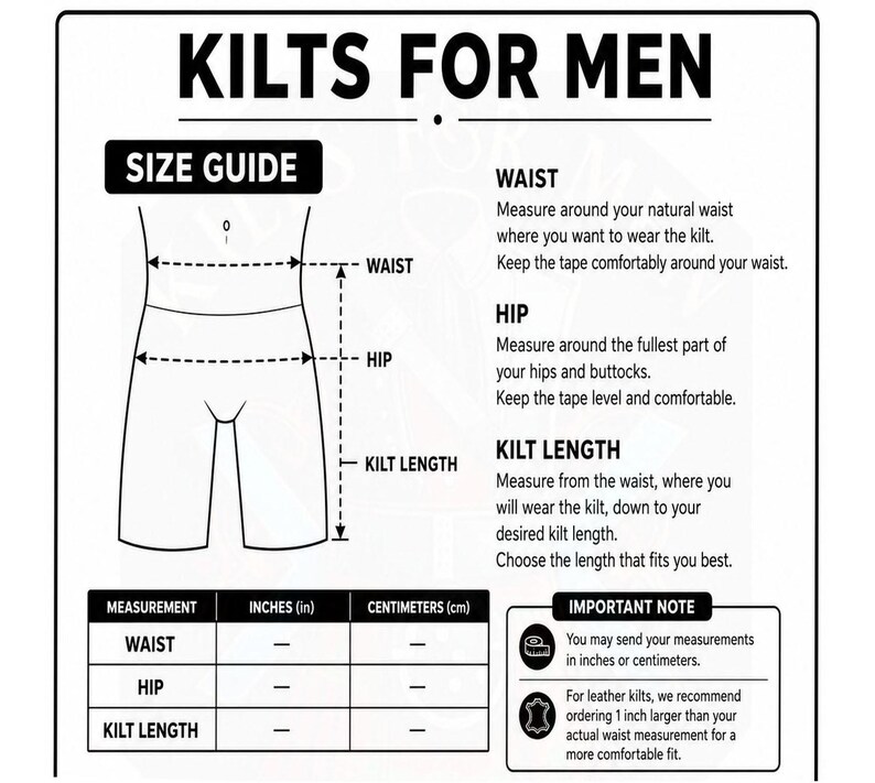 K&ouml;nnte beinhalten: Eine schwarz-wei&szlig;e Gr&ouml;&szlig;entabelle f&uuml;r Kilts mit einer Skizze eines Oberk&ouml;rpers, bei der gestrichelte Linien die Ma&szlig;e f&uuml;r Taille, H&uuml;fte und Kiltl&auml;nge markieren. Sie enth&auml;lt Anweisungen zum Messen, eine leere Tabelle f&uuml;r Zentimeter und einen wichtigen Hinweis.