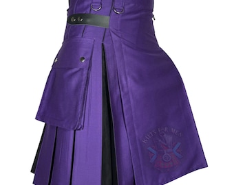 Purple Hybrid Kilt for Men – Black Pleats, 4 Leather Strap Button Closures