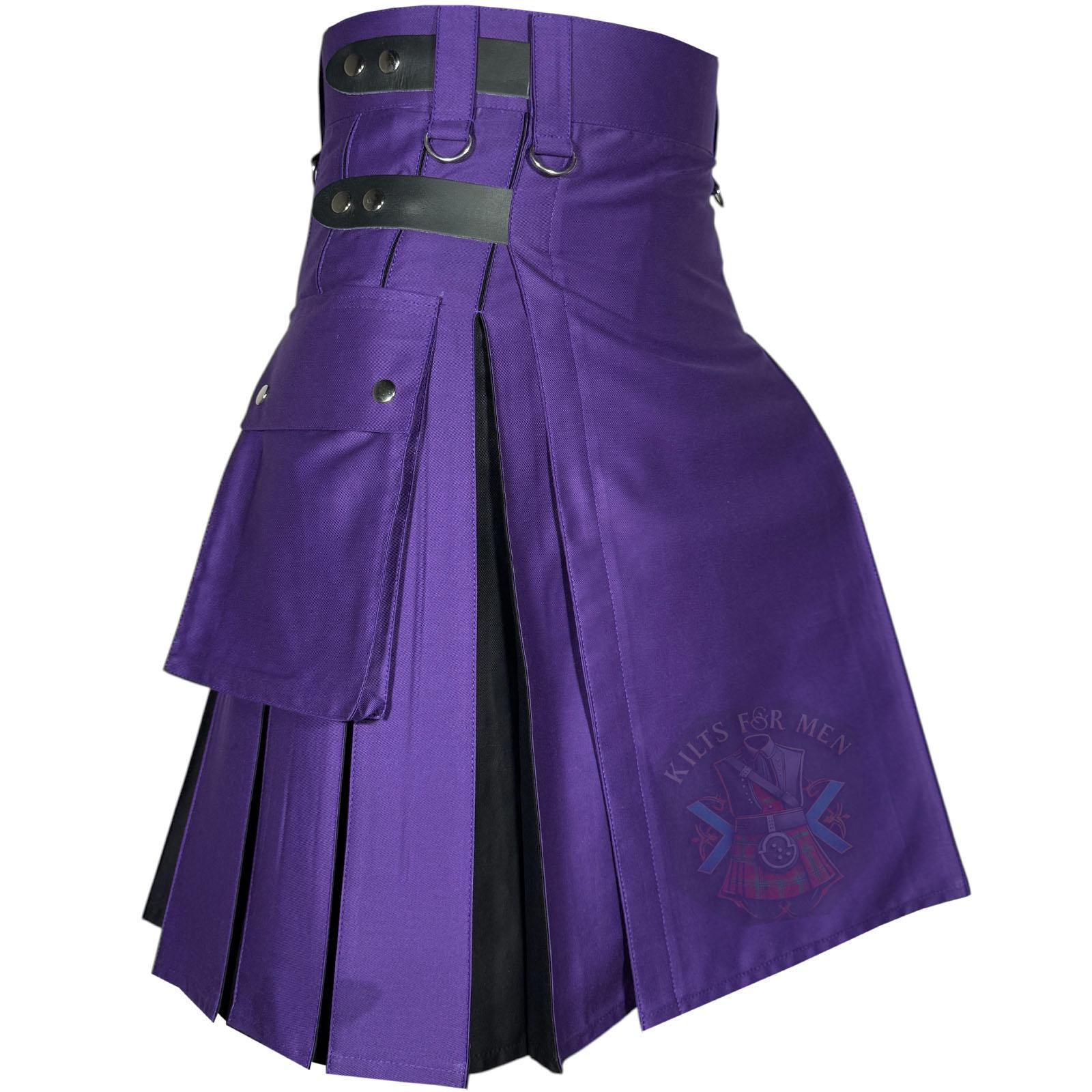 Purple Hybrid Kilt for Men – Black Pleats, 4 Leather Strap Button