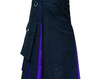 Hybrid Scottish Kilt: Black with Purple Accents, Adjustable Waist