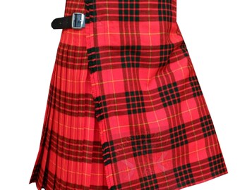 May include: A red, black, and yellow tartan kilt with two black leather straps and buckles.